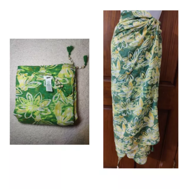 Aerie Floral Green Yellow Scarf/Sarong/Shawl W Shell Tassels 100% Cotton 72x36"