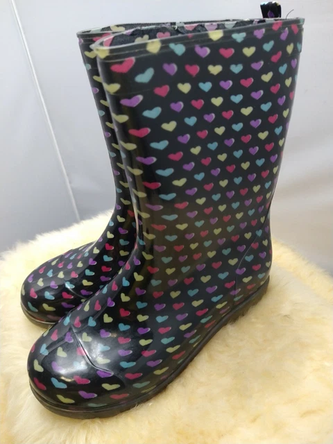 CAPELLI RAINBOW POKA DOT HEARTS Women's Rubber RAIN SNOW BOOTS 3-4 SLIP ONS