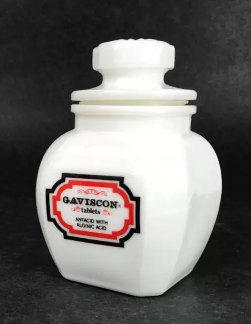 Gaviscon Tablets Apothecary White Milk Glass Bottle Jar  5" Antacid Vintage a6