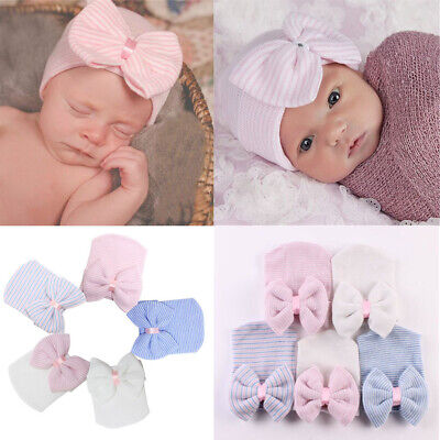 Newborn Baby Hat With Bow Girls Infant Striped Soft Cap Hospital Beanie headband