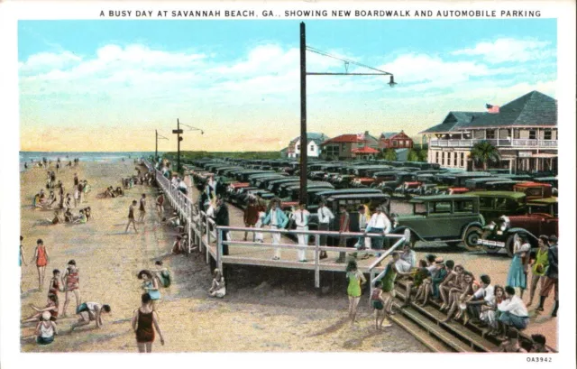 Vtg 1925 Pc New Boardwalk Auto Parking  Tybee Island Savannah Beach Ga Nos Mint