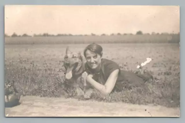 Girl Hugging German Shepherd Dog in Field RPPC Antique Photo Postcard~1920s