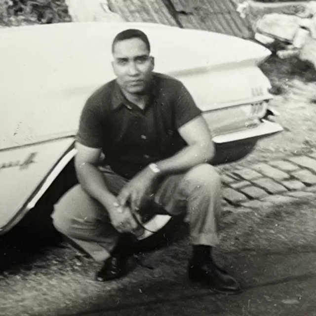 Vintage B&W Snapshot Photograph Handsome Black African American Man By Car