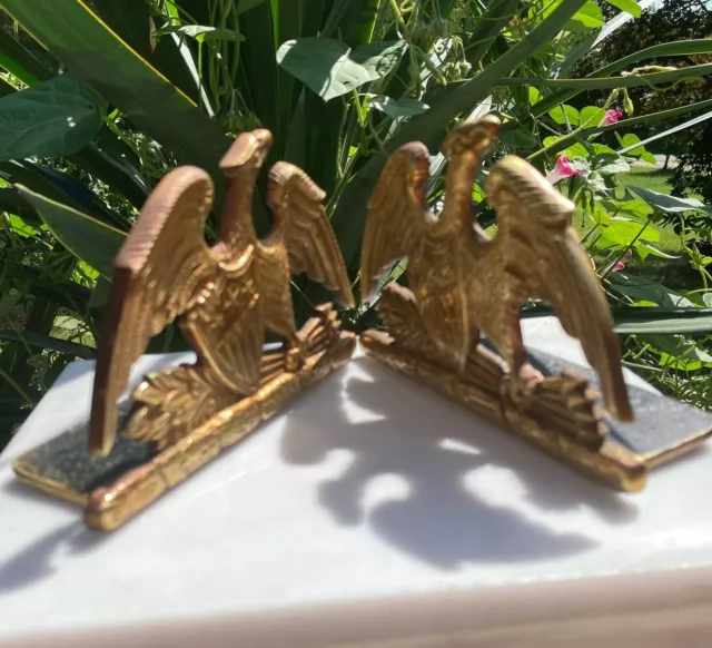 VTG 50s Brass Spread Eagle Bookends Pair VA Metalcrafters Virginia USA Shield