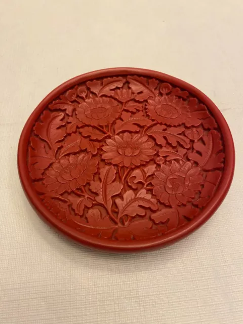 Faux Cinnabar 5" Red Lacquer Plate with Flowers and Leaves Jewelry Dish