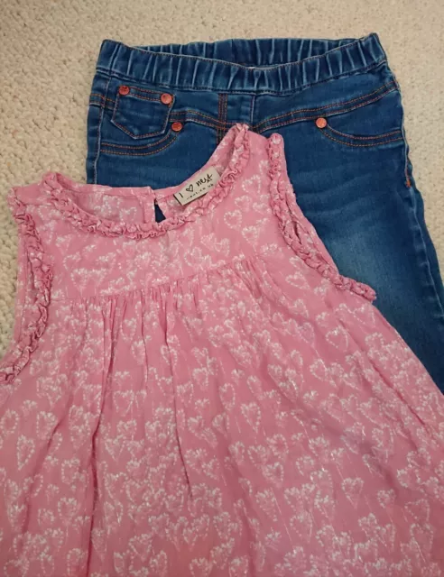 Next Girls Age 5 Years Skinny Blue Denim Jeans & Pink Hearts Summer Top Outfit