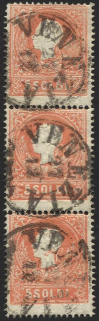 LOMBARDEI UND VENETIEN 9I o, 1858, 5 So. rot, Type I, im senkrechten Dreierstrei