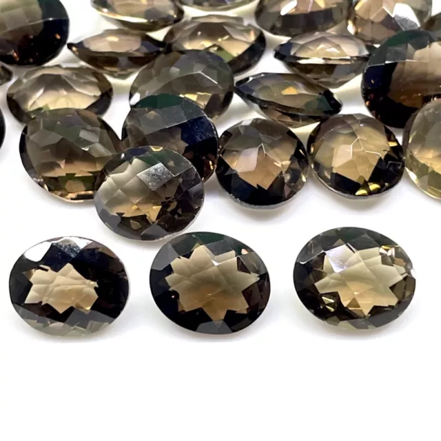 25 Pcs Natural Smokey Quartz 12x10mm Oval Checkerboard Cut Loose Gemstones Lot