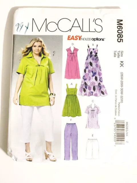 McCalls Pattern M6085 Womens Top, dress, shorts, capri pants sz 26W-28W-30W-32W