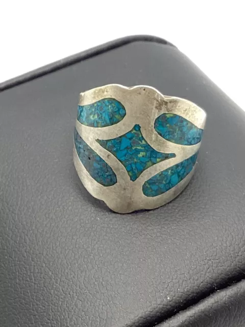 Vintage Sterling Mexico Crushed Turquoise Inlay Ring Size 6.75, 4g