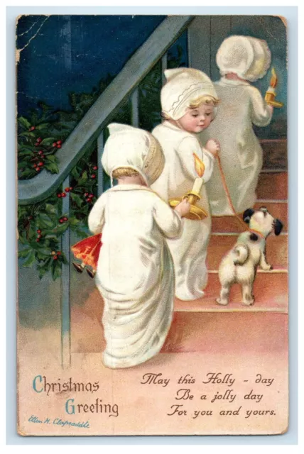 1914 Clapsaddle Christmas Girls Children Dog Stairs Doll Holly Embossed Postcard