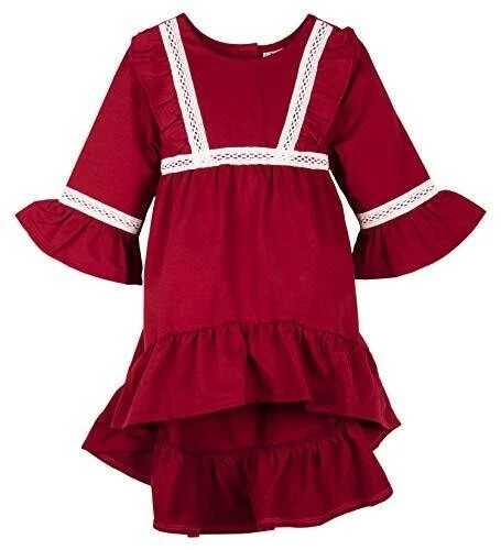 ContiKids Girls Ruffle Bell Sleeve Dress, 5, Red