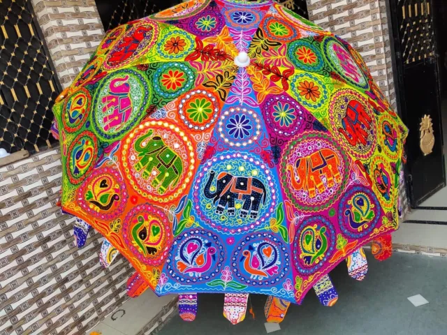 Parasol de jardin indien fait à la main en coton 72" broderie éléphant art