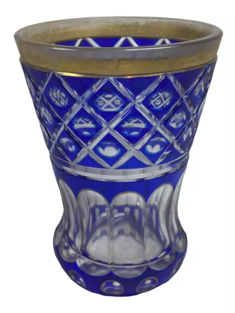 Bohemian Crystal Cobalt Blue Cut to Clear Fluted Vase Gold Rim 4.75” Tall Vtg