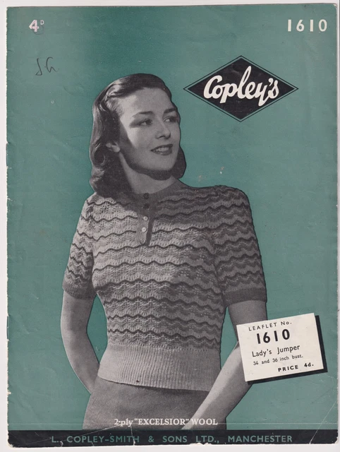 Original Vintage Copley's Tejer Patrón 1610 - Dama Saltador de 2 Capas - Años 1940