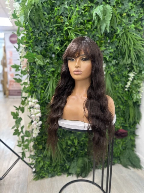 Long Remy Human Hair Wavy Fringe/Bangs Wig | Natural Brown | Full Cap Wig