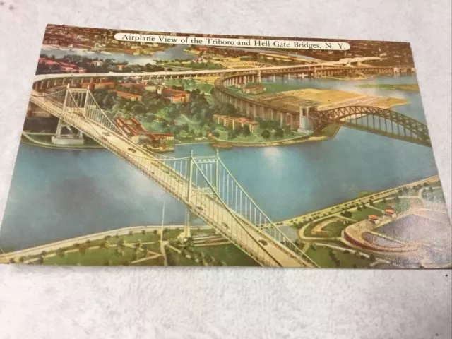 Vintage Postcard Airplane View Triboro And Hell Gate Bidges NY