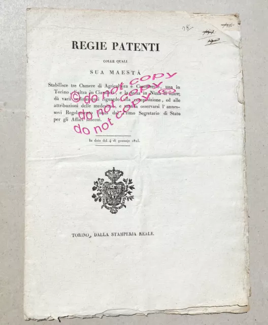 Regno di Sardegna 1825 Re Carlo Felice Regie Patenti Camere AgricolturaCommercio