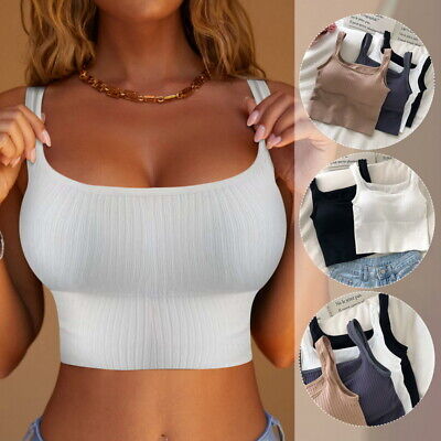 Womens Sleeveless Strappy Vest Ladies Plain Camisole Padded Bra Bralet Crop Top