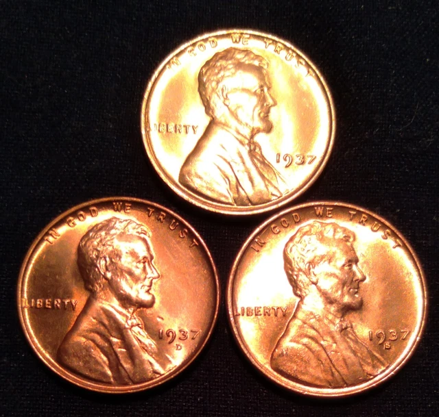 1937 P-D-S Lincoln Wheat Penny Cent UNC~Lot of 3 Brilliant Uncirculated pennies~