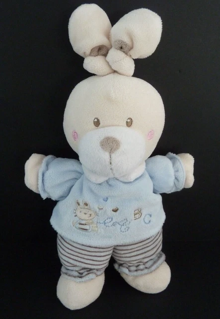 M6. DOUDOU PELUCHE NICOTOY LAPIN BLEU OREILLES NOUEES ABC rayé coeur - TBE