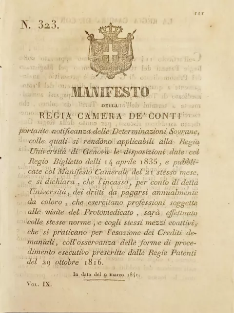 Manifesto R. Camera De' Conti - Notificanza alla Regia Università di Genova 1841