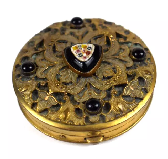 Antique French Jeweled Micro Mosaic Gold Ormolu Miniature Compact Mirror Case