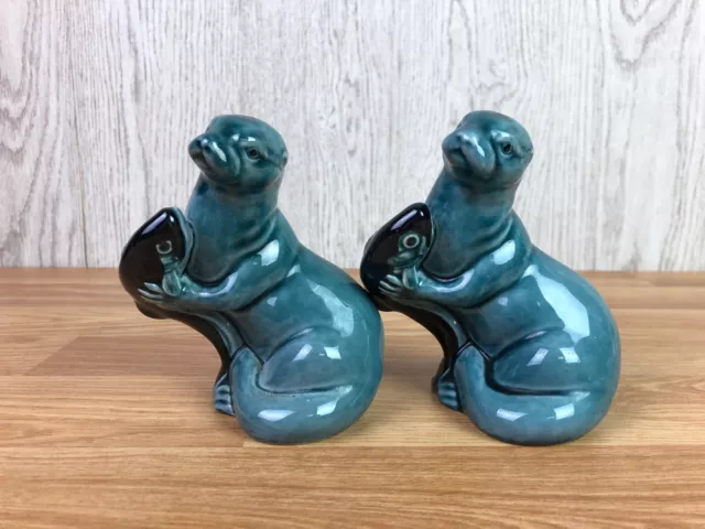 2 x Poole Pottery Blue Otters With Fish Ornaments 4.5" Tall
