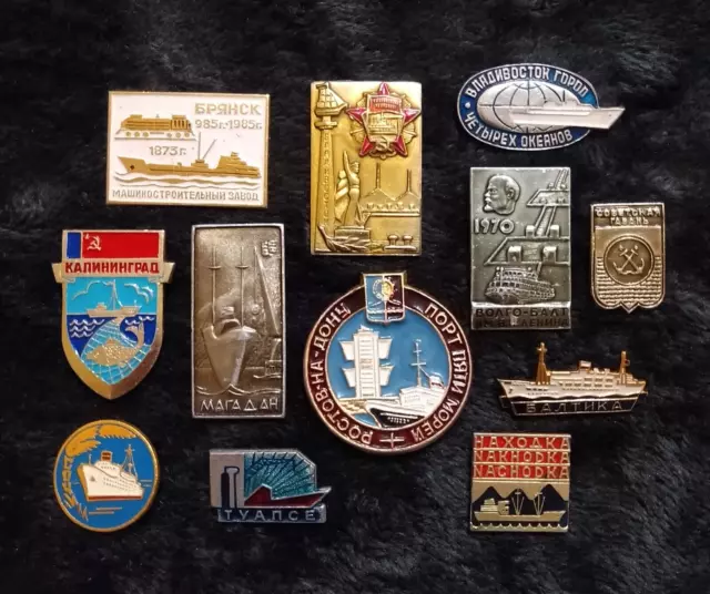 Sea ports USSR badge Set 12x Russian city navy fleet Soviet shipping company pin