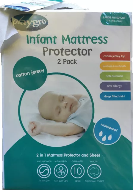 NEW Playgro Cotton Jersey Waterproof Large Fitted Cot Protector Twin Pack (2)