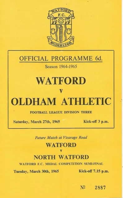 Watford v Oldham Athletic - Div 3 - 27/3/1965 - Football Programme