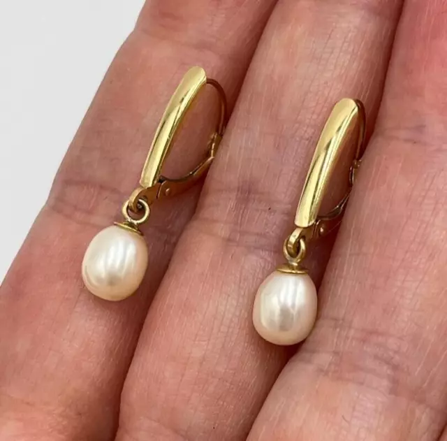 Solid 14K Yellow Gold Dangle Oval White Cultured Pearl Leverback Earrings