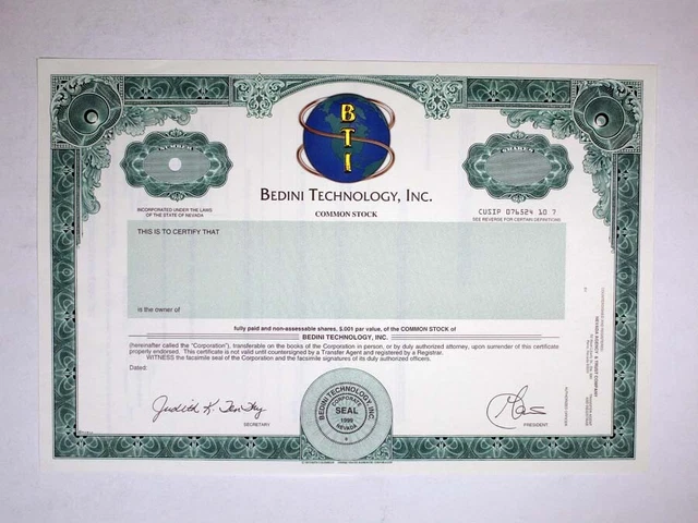 NV. Bedini Technology, Inc., 1999. Specimen Stock Cert., XF-AU. S-C USBNC