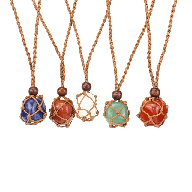 Gemstone Pendant Necklace Chakra Natural Crystal Stone Hand Woven Rope Jewelry
