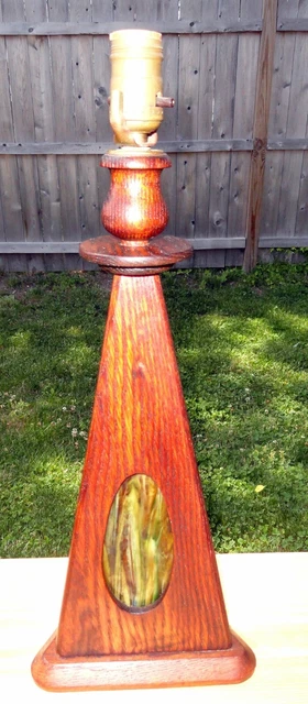 Antique Arts and Crafts Oak Lamp Base Slag Glass Inserts Mission 1920's 1930's