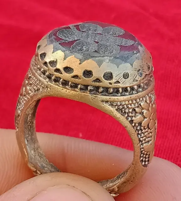 Amazing Post Medieval Islamic Bronze Ottomans Seal Ring With Stone Old Artifact