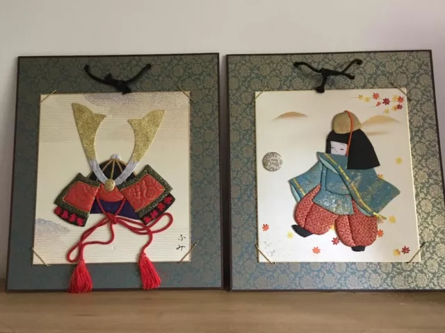 Japanese pictures, folk art collages, pair, ready to hang