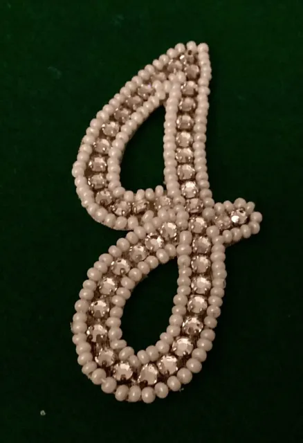 1950s Era Letter “J” Pronged Rhinestone/Pearl Sew-on Patch Garment Applique NOS