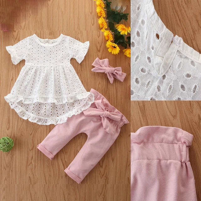 Newborn Baby Girls Summer Outfits Short Sleeve Lace Tops Pants Headband Set 3PCS