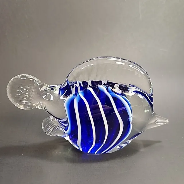 Glass Fish Figurine paperweight dark  blue and white clear glass air bubbles