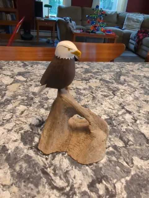 beautiful artist signed 9" hard carved Bald Eagle on Driftwood statue