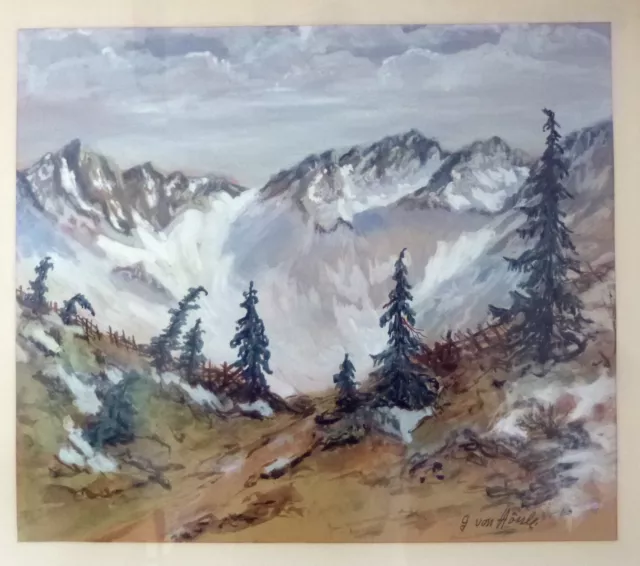 Aquarell / Gouache Alpen-Landschaft, signiert "G. von Hössle" wohl Gabriele