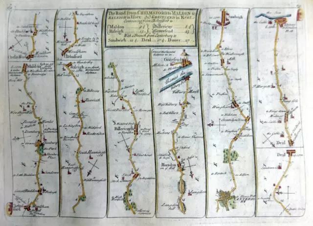 CHELMSFORD ESSEX  KENT DOVER GRAVESEND ROAD MAP BY JOHN SENEX c1762