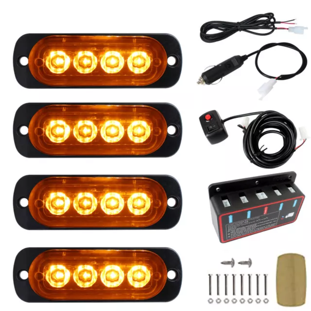 4x Car Truck 4 LED Strobe Flash Light Emergency Warning Flashing Lamp Amber 12W