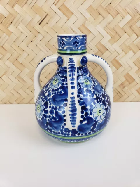 Vintage Blue & White 4 Handle Vase, Hand Painted Floral Ceramic Stoneware Jug