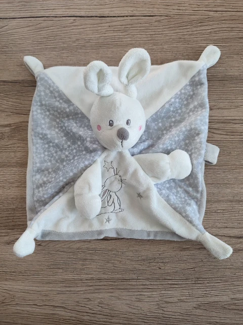 Doudou Plat Carré Lapin Blanc Gris Attache Sucette Etoiles Simba Toys tbe