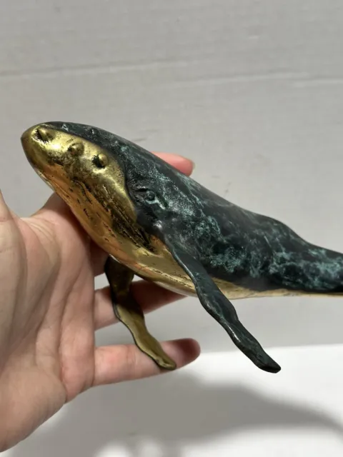 Gorgeous Brass Bronze Humpback Swimming Whale Sculpture with Marble Base 13” 3