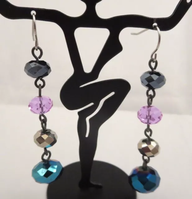 Faceted Purple/Metallic Blue AB Crystal Mercury Glass Dangle Pierced Earrings