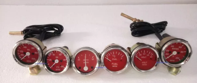 Smiths-52mm-Kit-Temp-Oil-Fuel-Oil Temp Gauge Volt + Amp Gauges --Replica Red