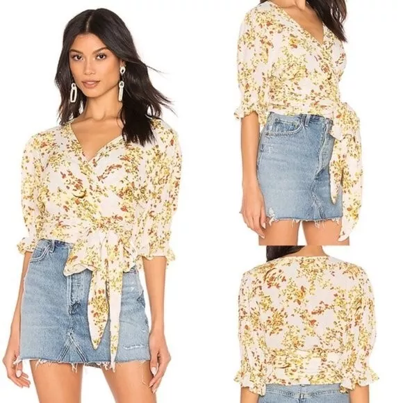 Faithfull The Brand Mali Wrap Top Goldie Floral Off White Womens Size S USA 4